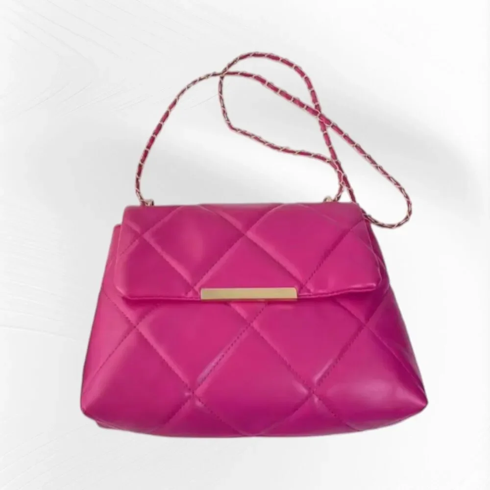 Pink Quilted Pattern Shoulder Crossbody Purse With Metal Decor Chain Strap